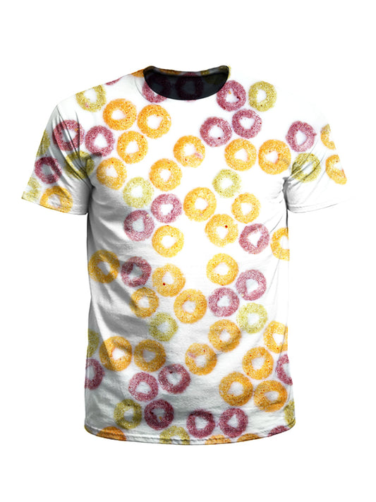 Men's rainbow fruit loops cereal unisex t-shirt front view.