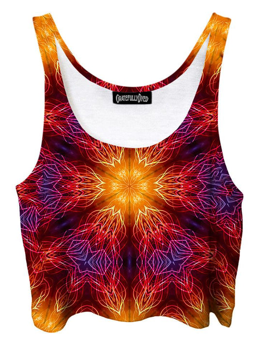Trippy front view of GratefullyDyed Apparel red, orange & purple electric fire mandala crop top.