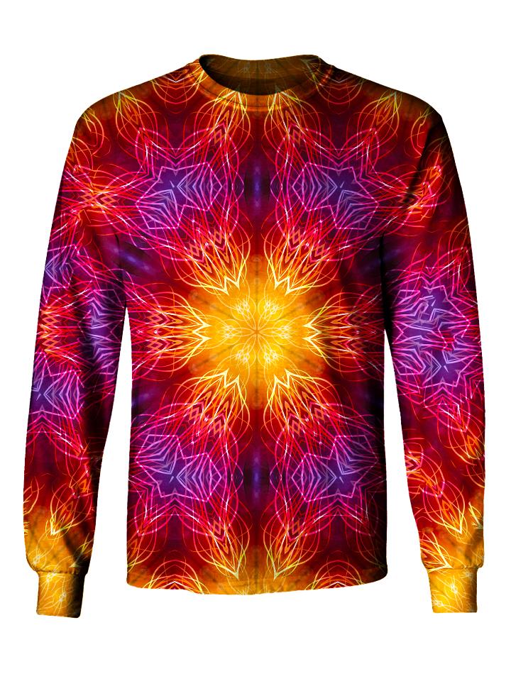 Front view of GratefullyDyed Apparel red, orange & purple electric fire mandala unisex long sleeve.