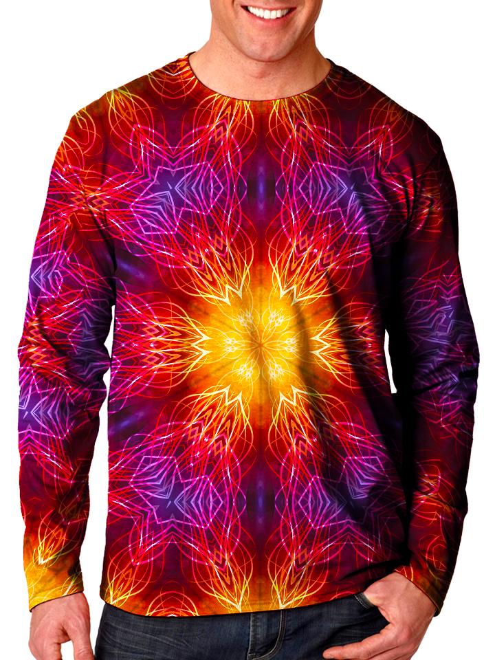 Front view of model wearing Gratefully Dyed Apparel electric fire mandala unisex long sleeve.