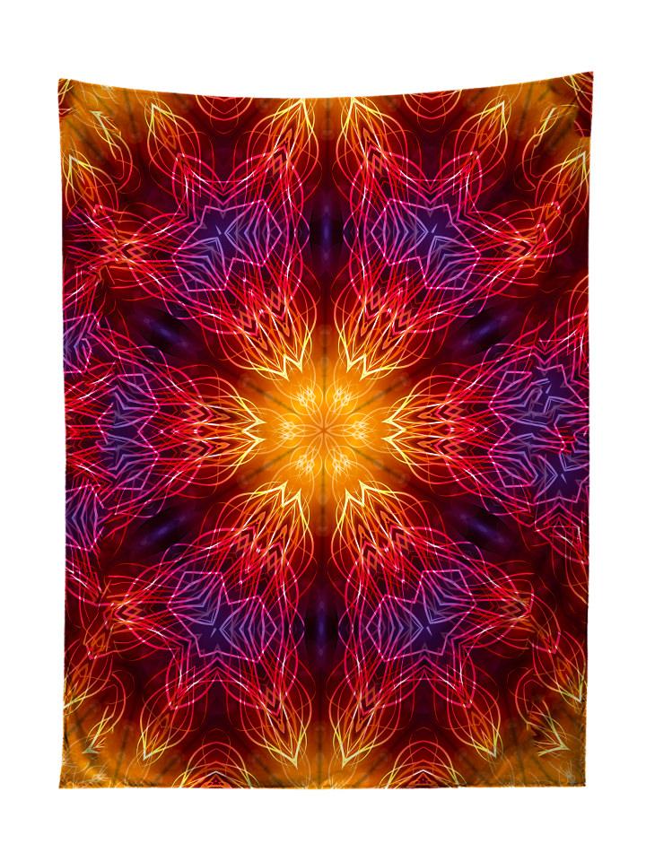 Vertical hanging view of all over print red, orange & purple electric fire mandala tapestry by GratefullyDyed Apparel.