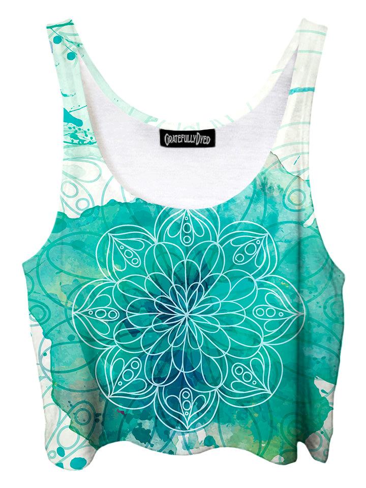 Trippy front view of GratefullyDyed Apparel blue & white watercolor mandala crop top.
