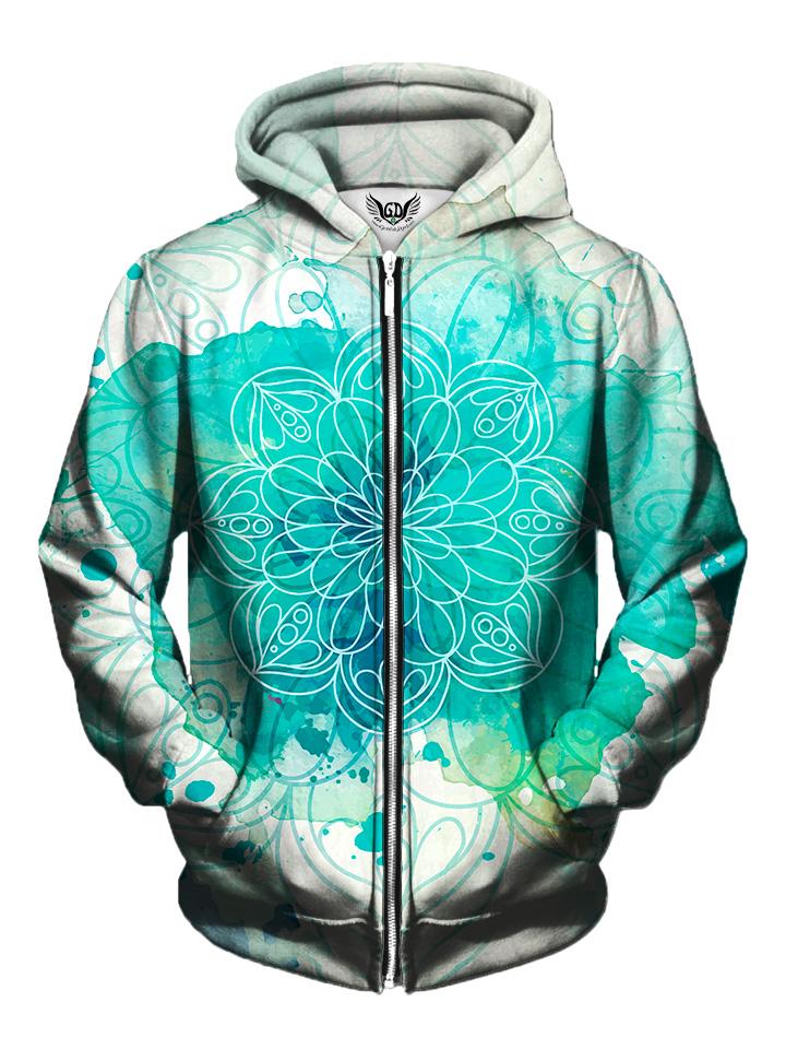 Men's blue & white watercolor mandala zip-up hoodie front view.