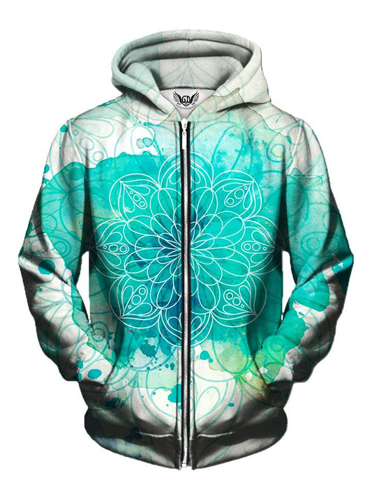 Men's blue & white watercolor mandala zip-up hoodie front view.