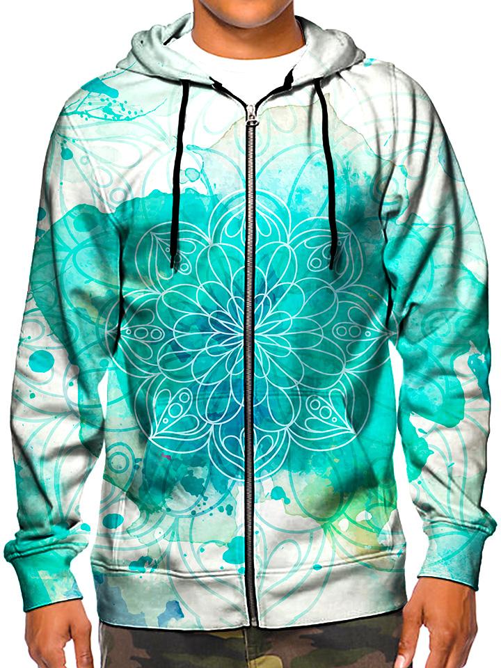 Model wearing GratefullyDyed Apparel psychedelic blue watercolor mandala zip-up hoodie.