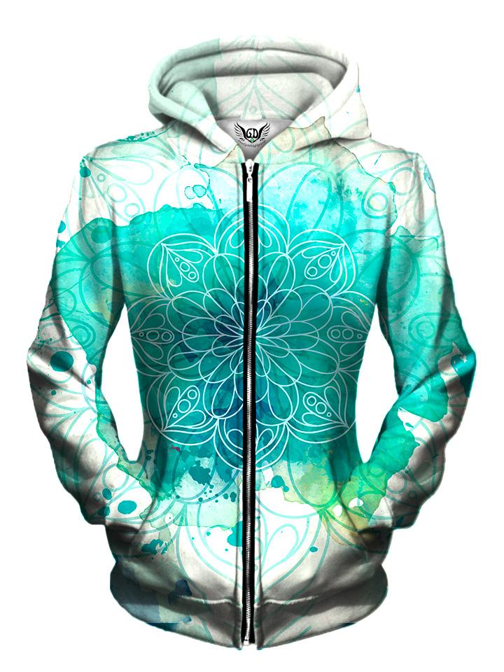 Front view of women's all over print mandala zip up hoody by Gratefully Dyed Apparel.