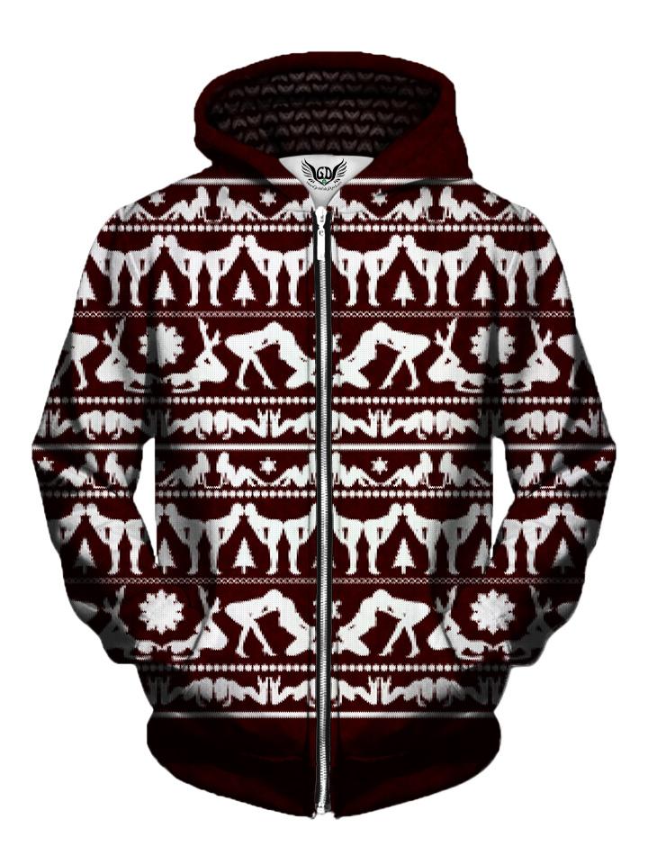 Naughty Girls Maroon and White Christmas Zip Up Hoodie Front View