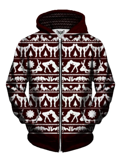 Naughty Girls Maroon and White Christmas Zip Up Hoodie Front View