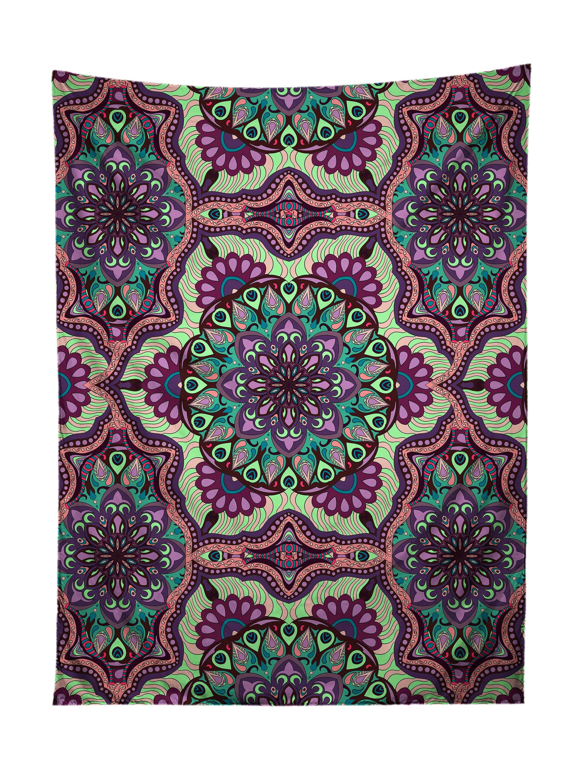 Vertical hanging view of all over print green, pink & purple mandala tapestry by GratefullyDyed Apparel.