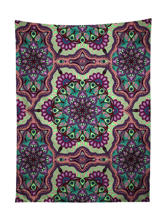 Vertical hanging view of all over print green, pink & purple mandala tapestry by GratefullyDyed Apparel.