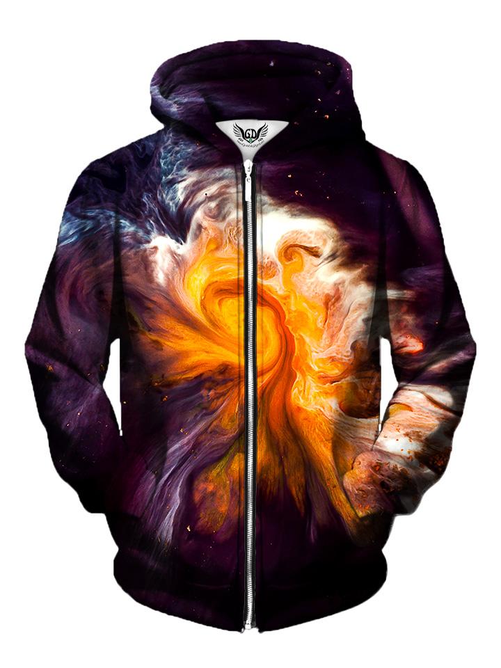 Men's black, orange & white psychedelic spiral marbling zip-up hoodie front view.