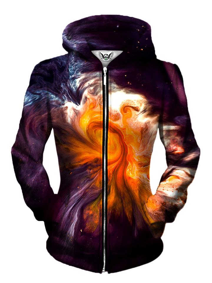 Front view of women's all over print marbled paint zip up hoody by Gratefully Dyed Apparel.