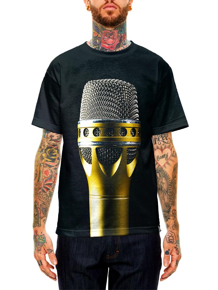 Model wearing GratefullyDyed Apparel black, silver & gold concert mic unisex t-shirt.