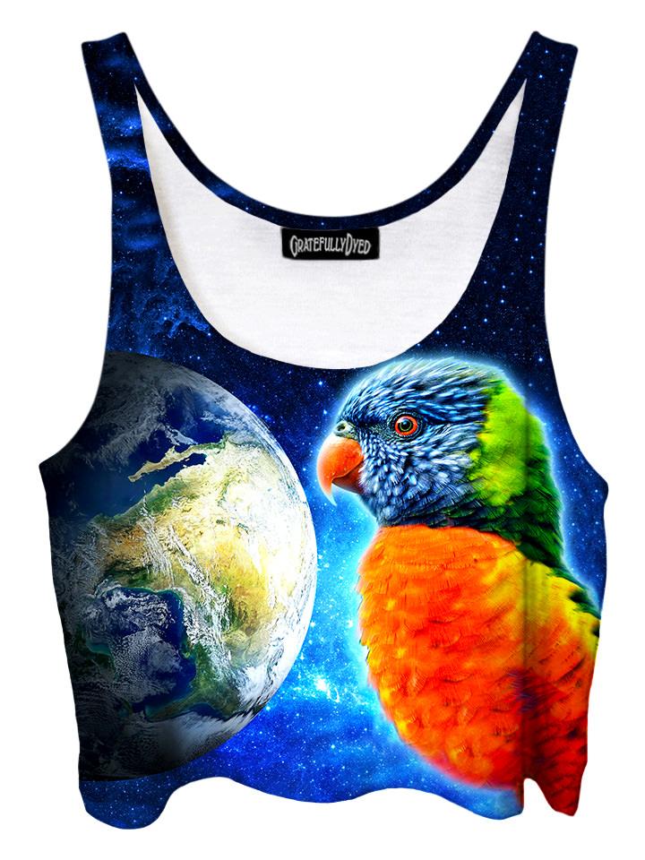 Trippy front view of GratefullyDyed Apparel blue, orange & green parrot planet galaxy crop top.