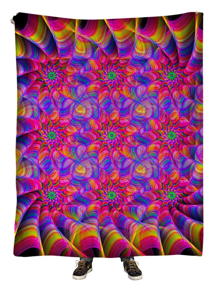 Hanging view of all over print pink & rainbow flower fractal mandala blanket by GratefullyDyed Apparel.
