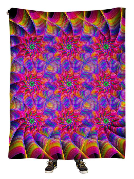 Hanging view of all over print pink & rainbow flower fractal mandala blanket by GratefullyDyed Apparel.