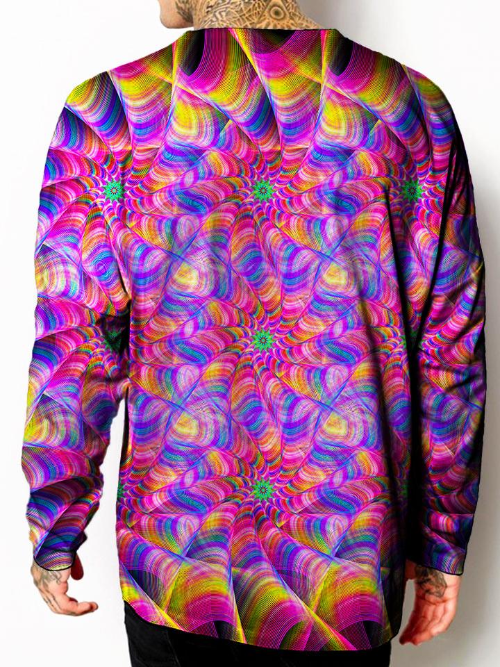 Model back view of all over print psychedelic sacred geometry unisex longsleeve.
