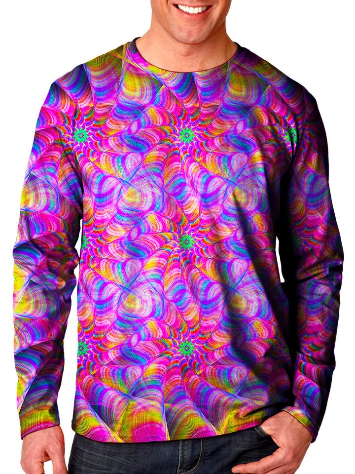 Front view of model wearing Gratefully Dyed Apparel rainbow flower fractal unisex long sleeve.
