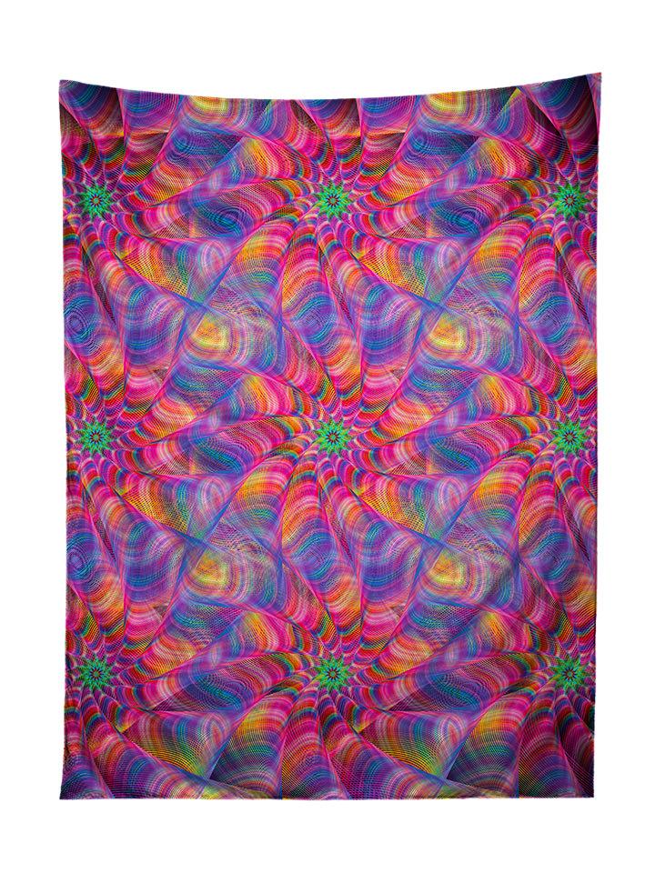 Vertical hanging view of all over print pink & rainbow flower fractal tapestry by GratefullyDyed Apparel.