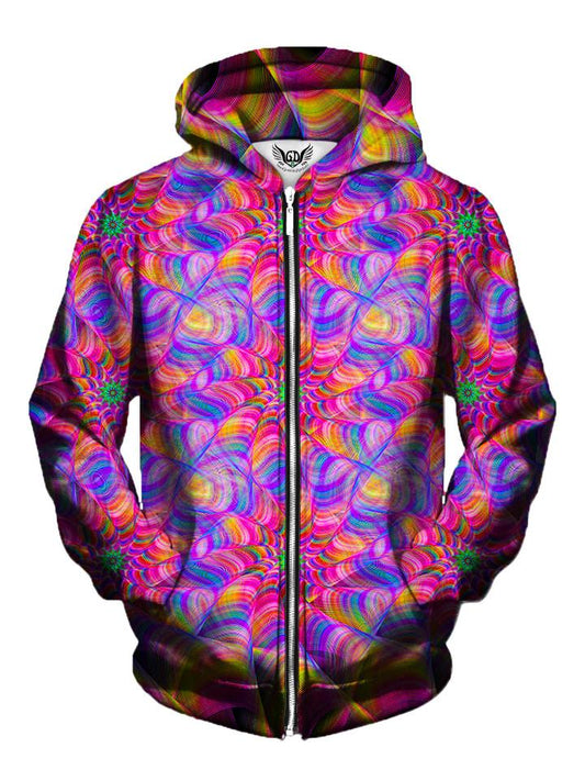 Men's rainbow flower fractal zip-up hoodie front view.