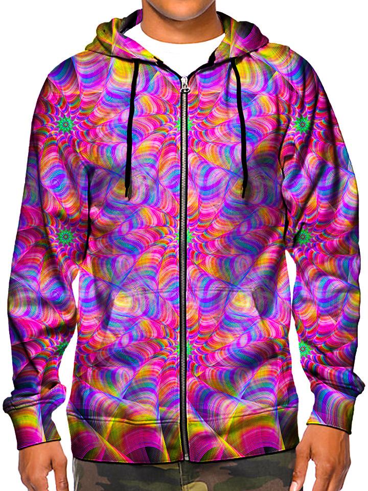 Model wearing GratefullyDyed Apparel psychedelic rainbow flower fractal zip-up hoodie.