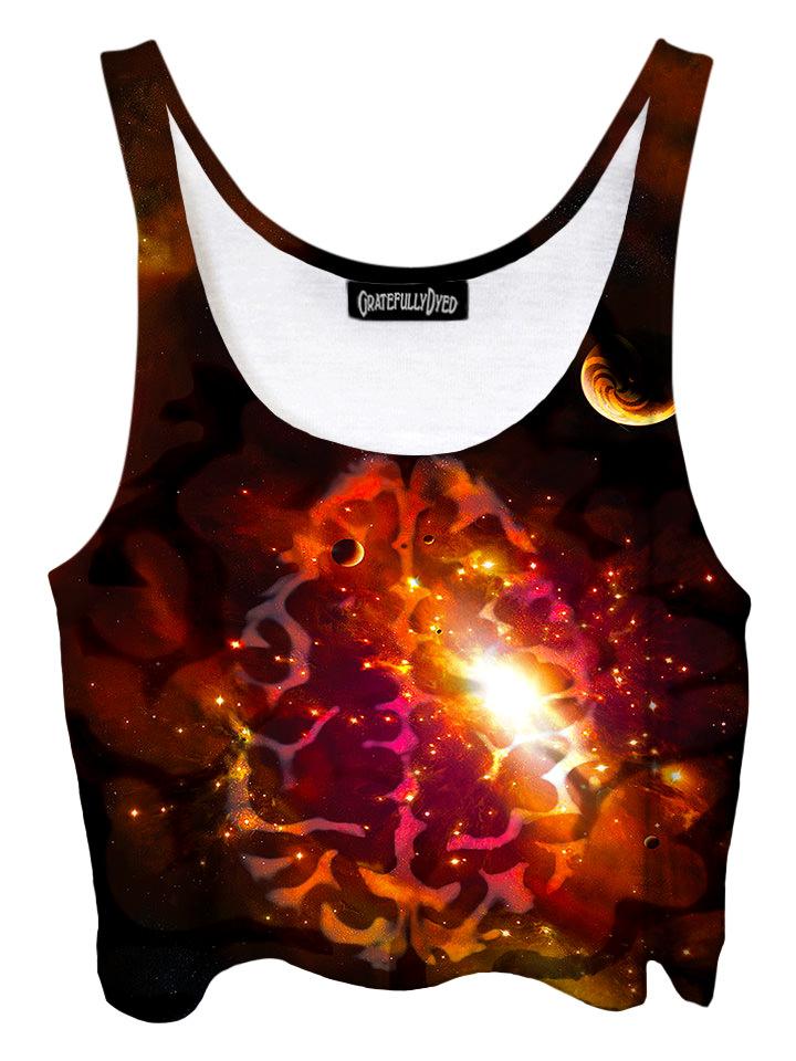 Trippy front view of GratefullyDyed Apparel red & black brainstorm galaxy crop top.