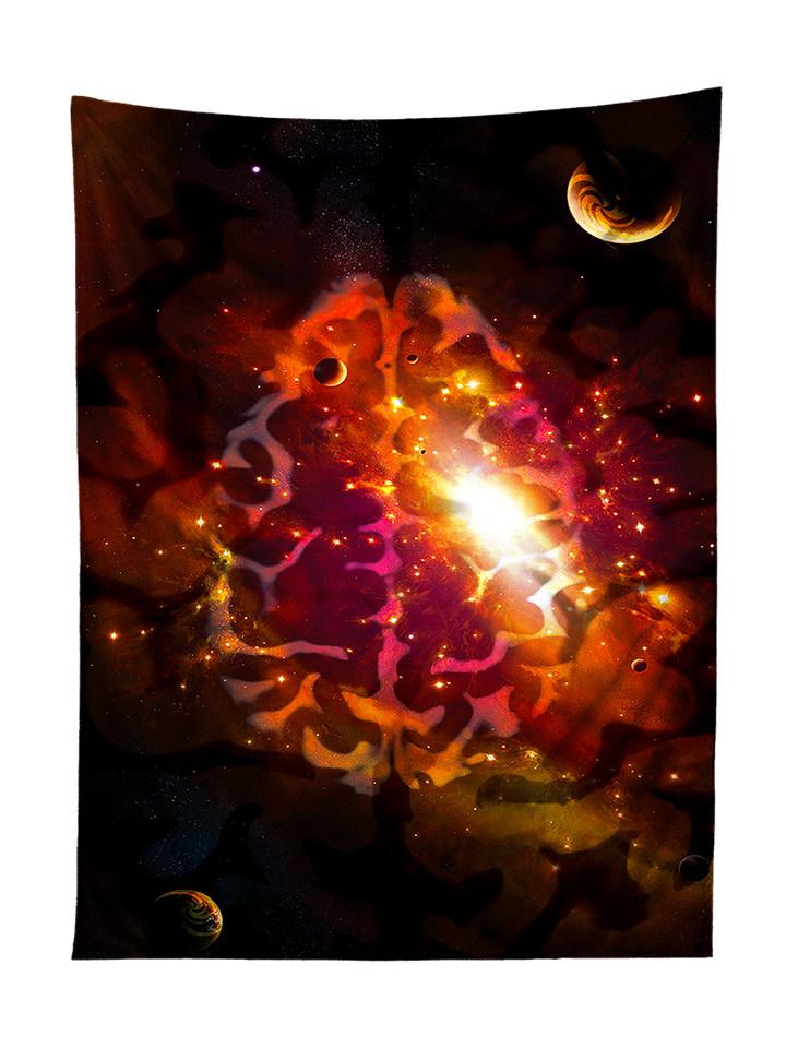 Vertical hanging view of all over print red & black brainstorm galaxy tapestry by GratefullyDyed Apparel.
