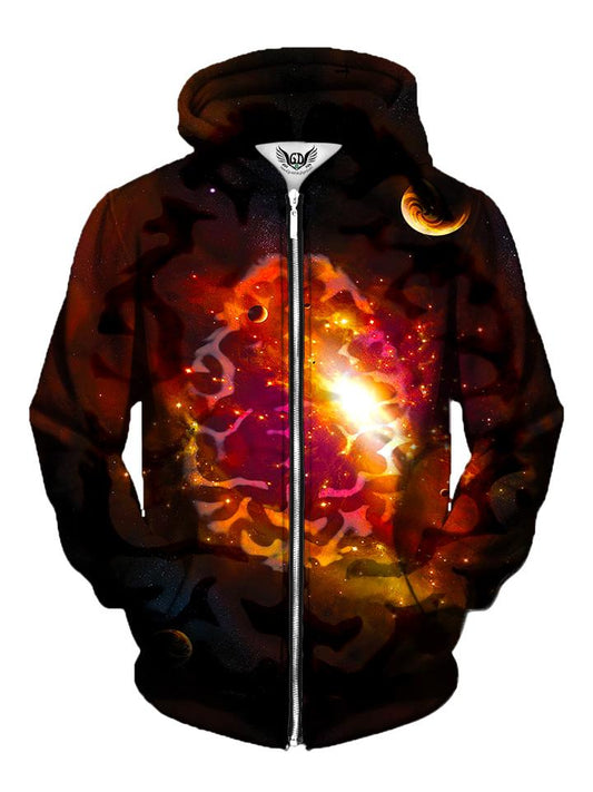 Men's black & red brainstorm galaxy zip-up hoodie front view.