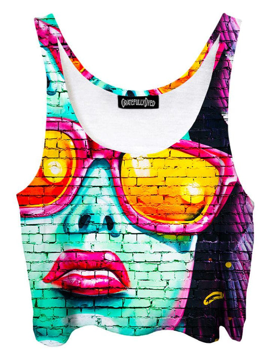 Trippy front view of GratefullyDyed Apparel teal, pink & orange graffiti street art crop top.