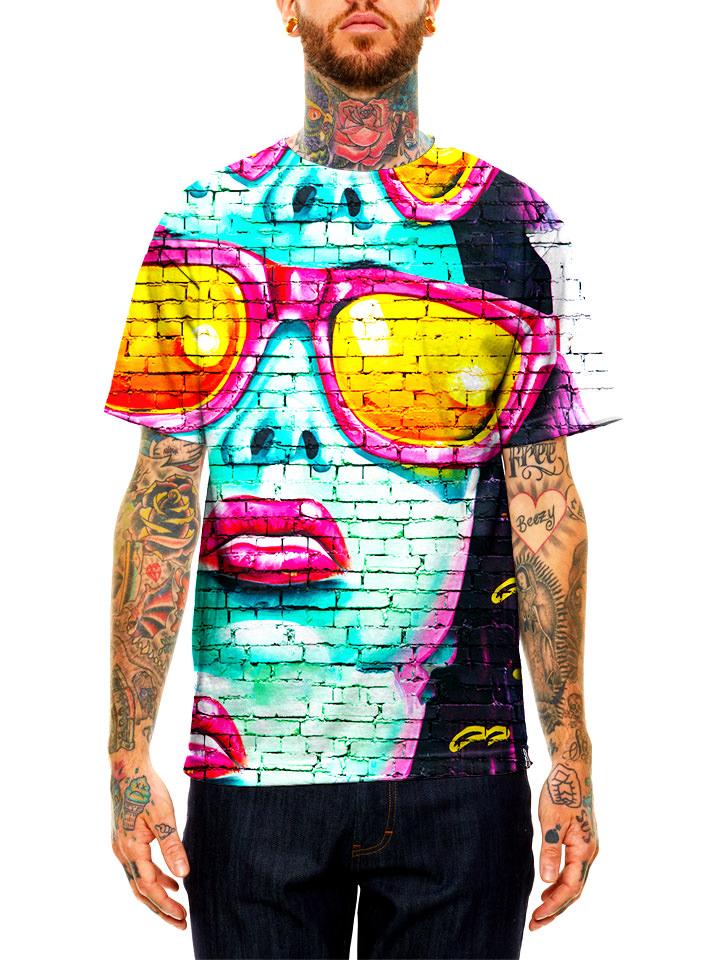 Model wearing GratefullyDyed Apparel teal & pink graffiti portrait unisex t-shirt.