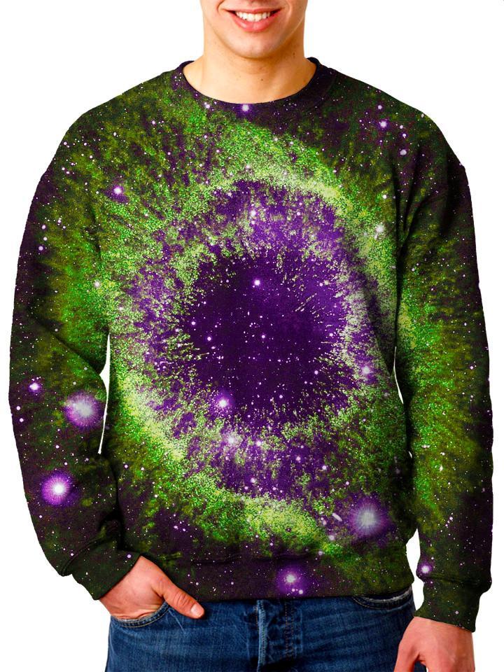 Model In Trippy Green and Purple Space Eye Sweater
