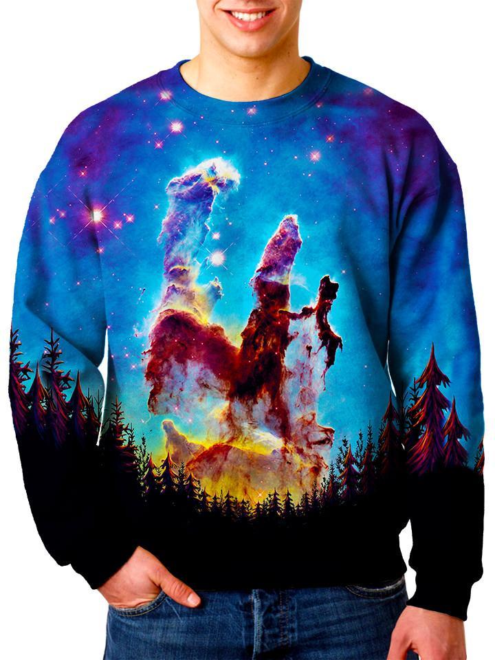 Model In Blue Galaxy And Trees Sweater Front View