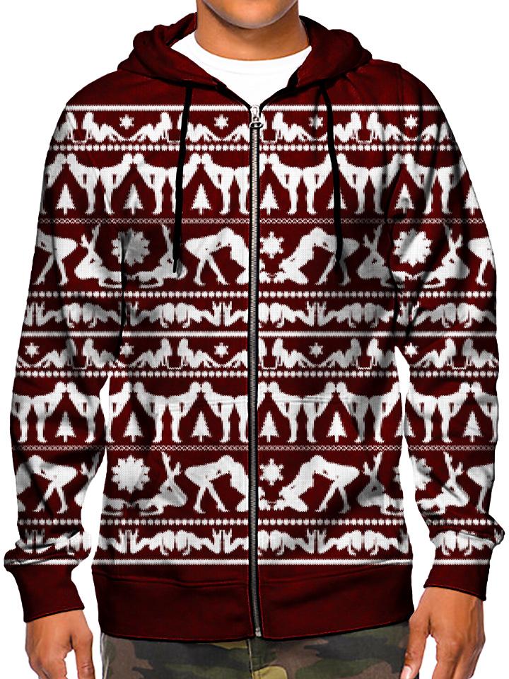 Naughty Girls Maroon and White Christmas Zip Up Hoodie Front View
