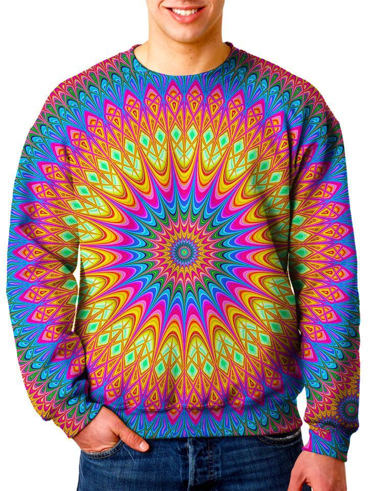 Model In Colorful Trippy Sweater Front View