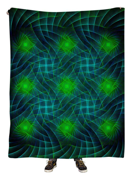 Hanging view of all over print green & blue geometric fractal mandala blanket by GratefullyDyed Apparel.