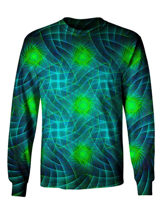 Gratefully Dyed Apparel blue & green geometric fractal unisex long sleeve front view.