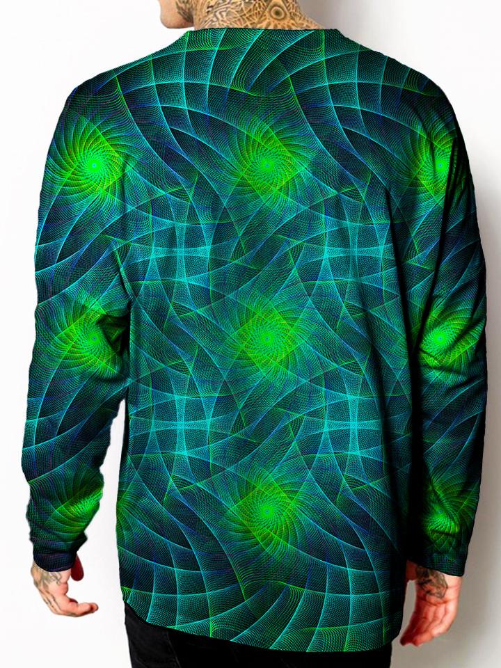Model back view of all over print psychedelic sacred geometry unisex longsleeve.
