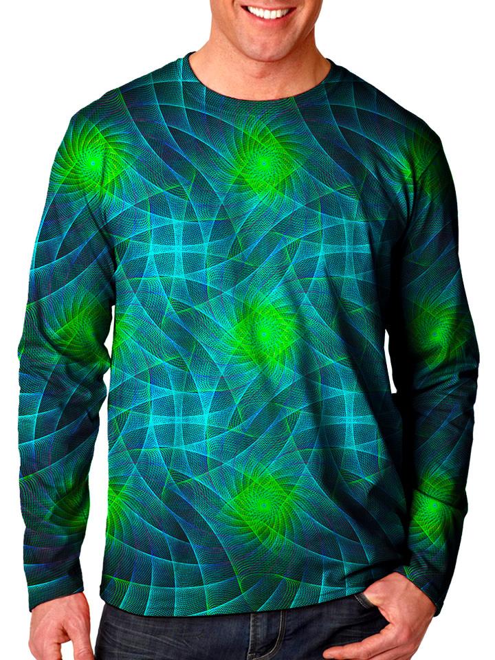 Front view of model wearing Gratefully Dyed Apparel geometric fractal unisex long sleeve.
