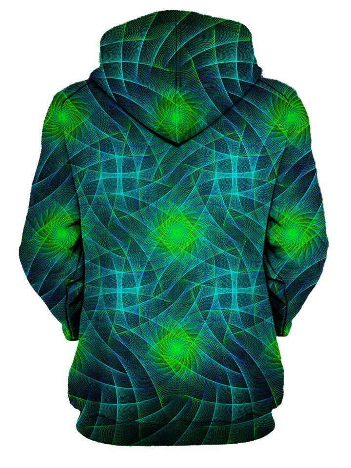 Rear of women's green & blue light show sacred geometry all over print hoody. 