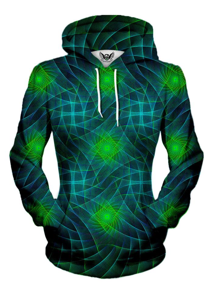 Women's front view of trippy mandala fractal pullover hoodie.