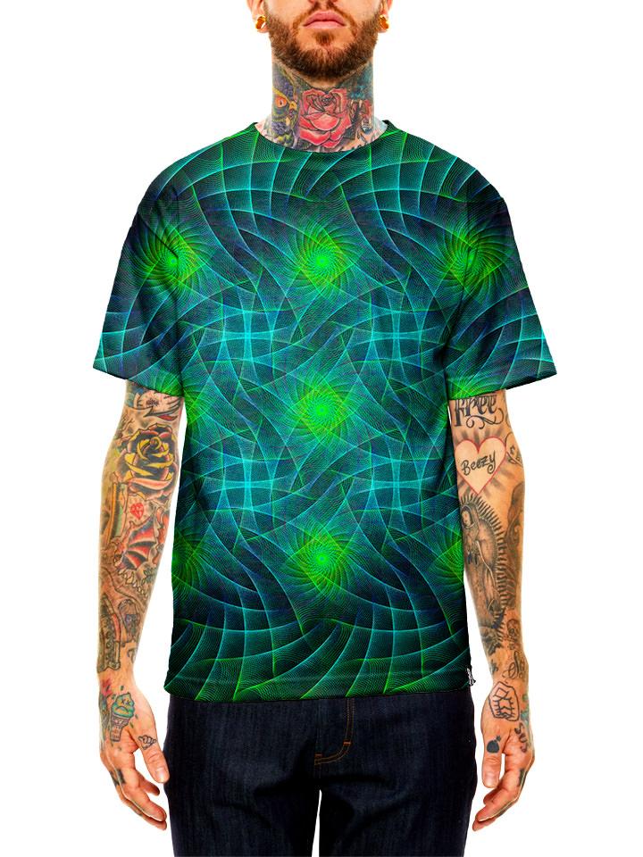 Model wearing GratefullyDyed Apparel blue & green geometric fractal unisex t-shirt.