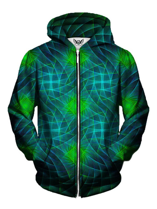 Men's green & blue geometric fractal zip-up hoodie front view.