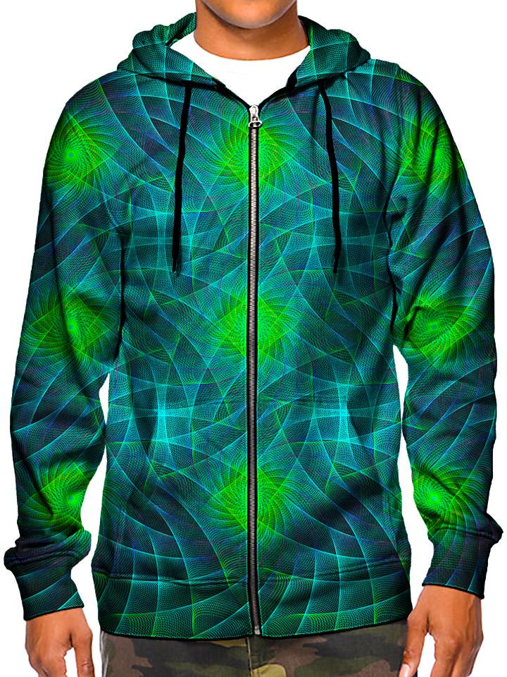 Model wearing GratefullyDyed Apparel green & blue geometric fractal zip-up hoodie.