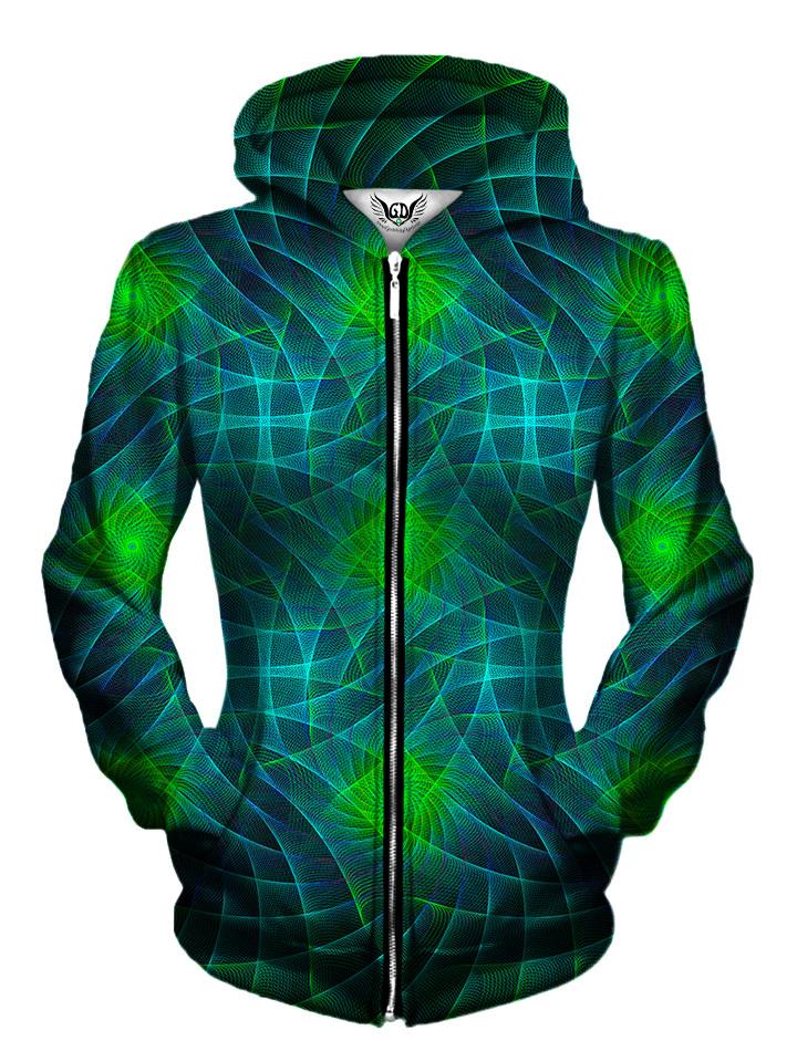 Front view of women's all over print sacred geometry zip up hoody by Gratefully Dyed Apparel.
