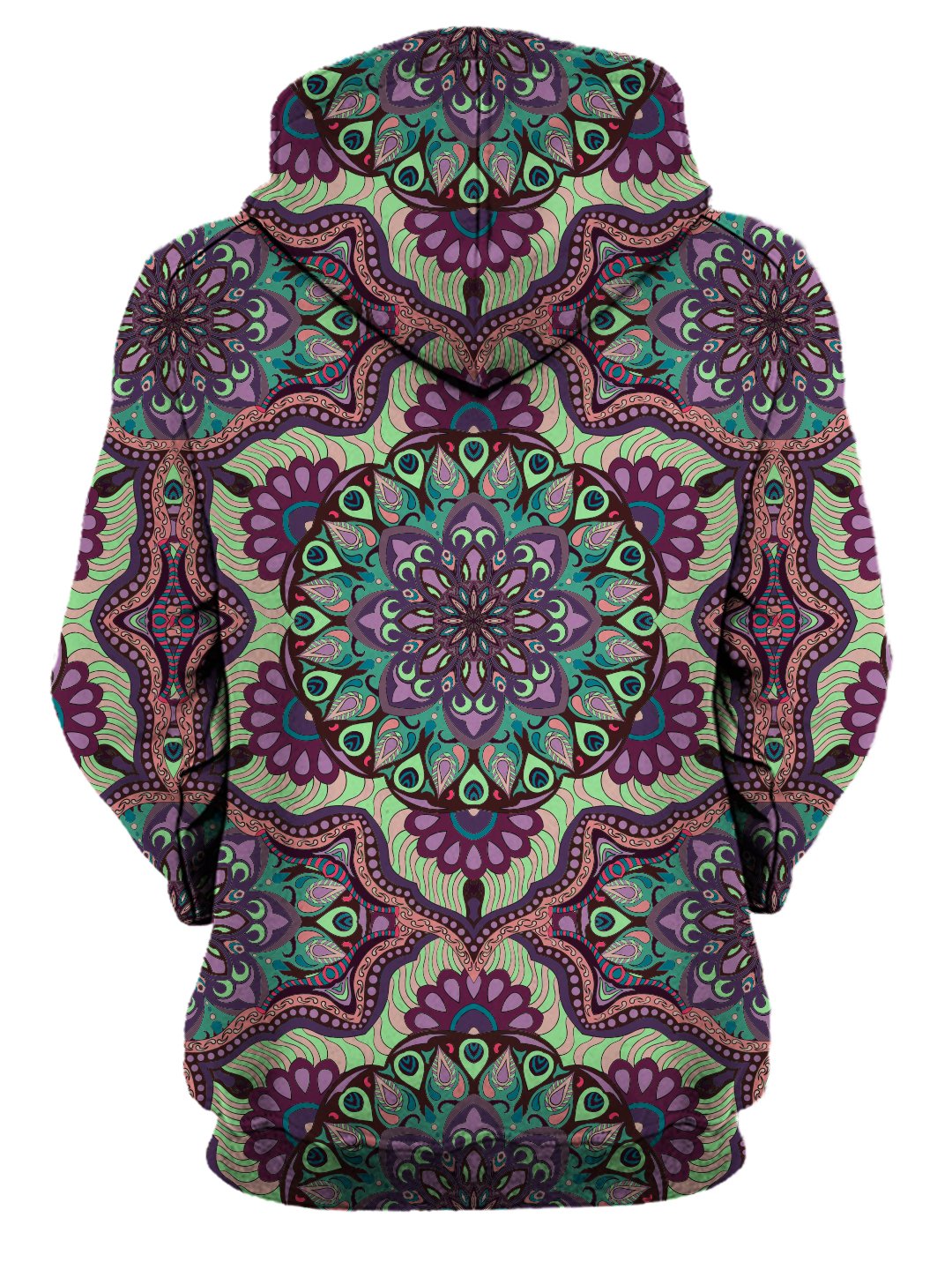 Rear of women's all over print purple, green & pink psychedelic pastel mandala hoody. 