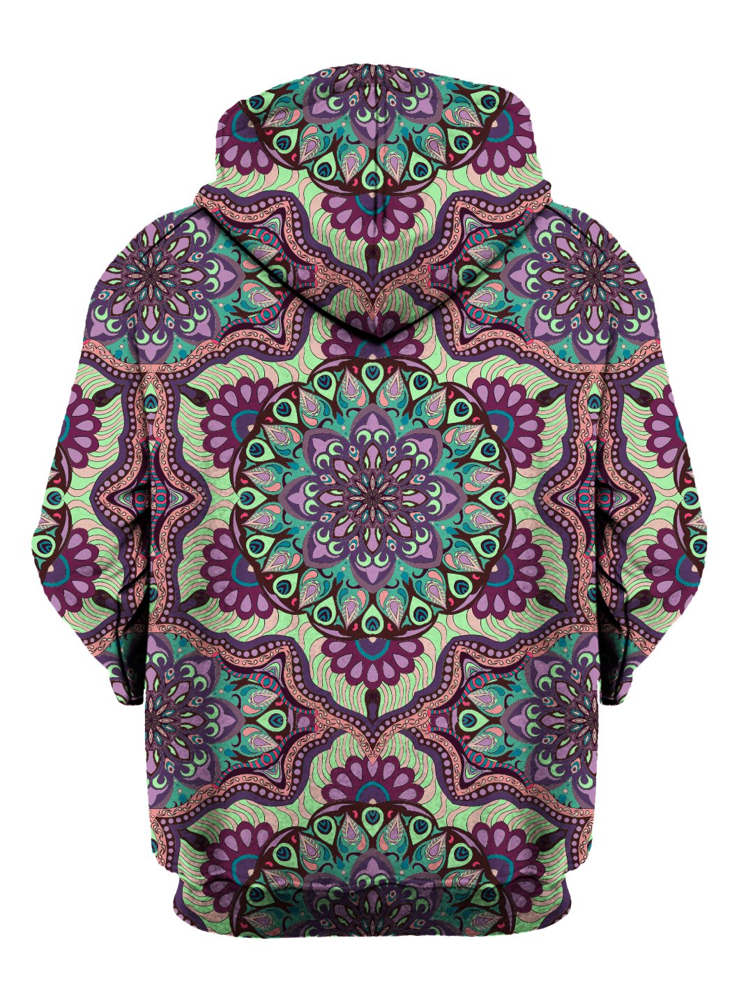 Rear of purple, green & pink retro pastel mandala zip-up hoody. 