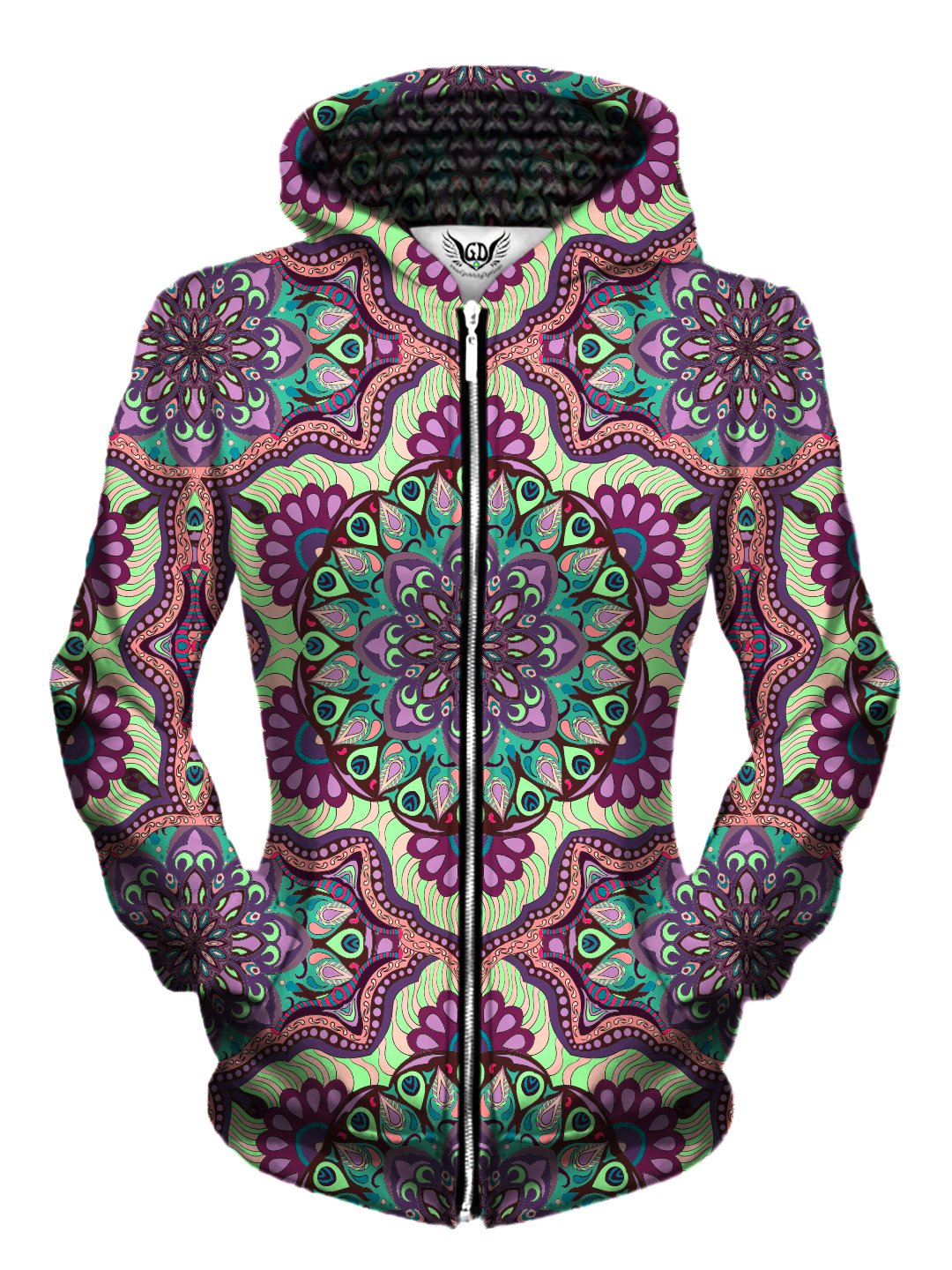 Front view of women's all over print psychedelic sacred geometry zip up hoody by Gratefully Dyed Apparel.