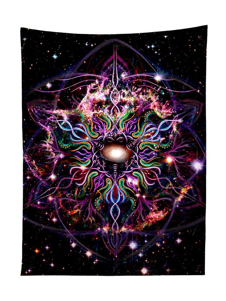 Vertical hanging view of all over print rainbow nebula mandala galaxy tapestry by GratefullyDyed Apparel.