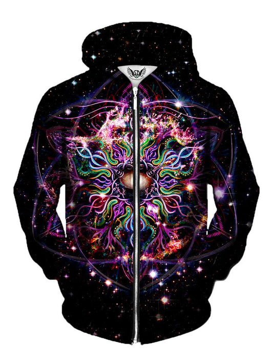 Men's black & rainbow mandala galaxy zip-up hoodie front view.