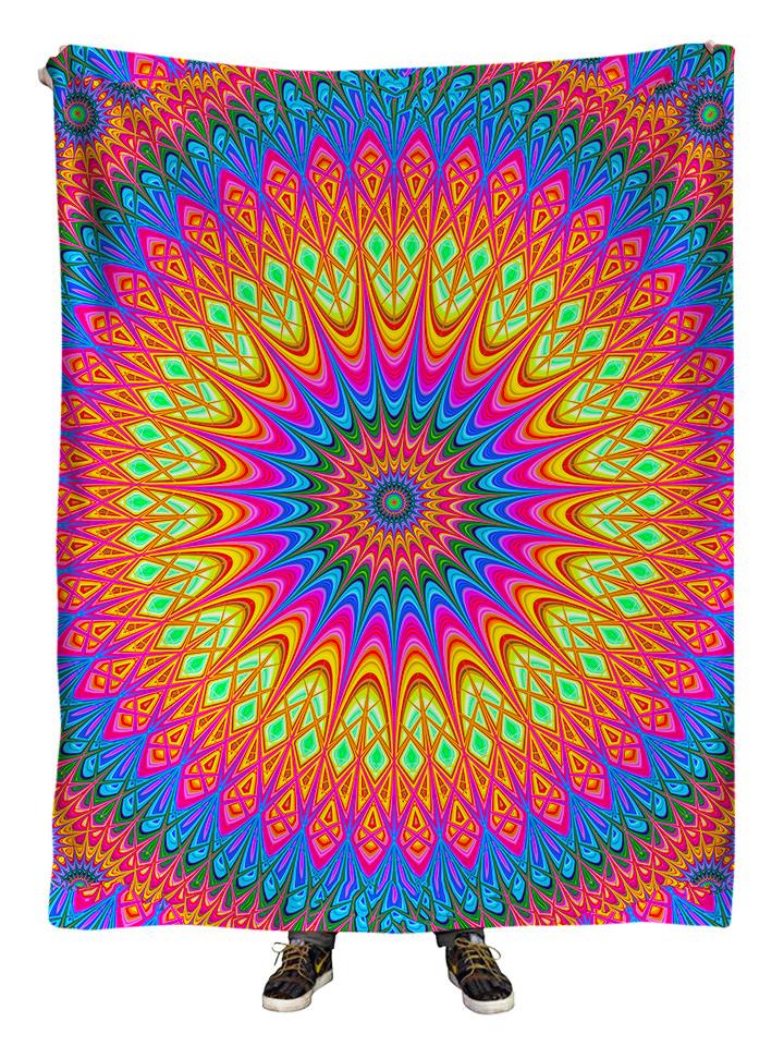 Hanging view of all over print rainbow mandala blanket by GratefullyDyed Apparel.